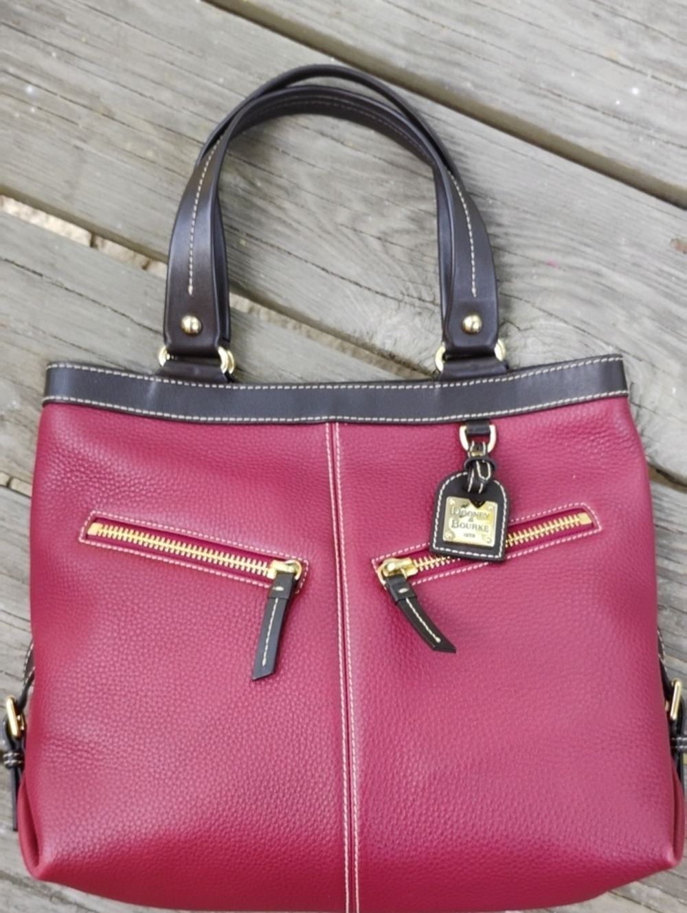 Dooney & Bourke Deep Wine Pebbled Leather Shoulder Bag with Brown Trim
